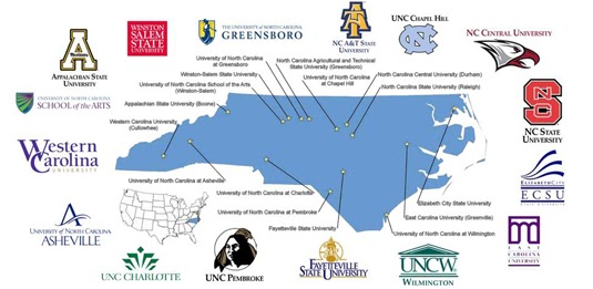 illustration of North Carolina map with locations of UNC campuses